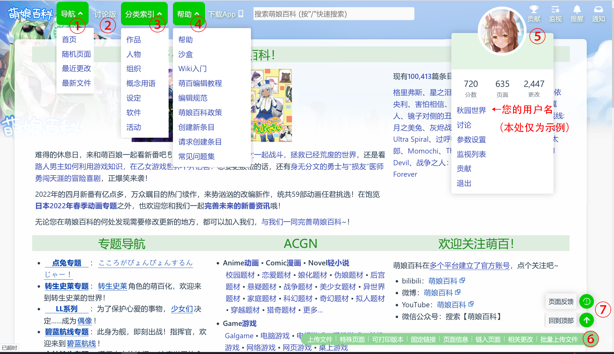 萌娘百科主页(全展开图)说明(点此查看大图)