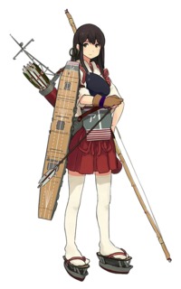 方案：以类似肩盾+护裆的形式直接体现的飞行甲板+拟物化为弓箭的舰载机系统，自卫武器系统完全没有体现。注意箭矢的尾羽配色和涂装都对应着九七式舰攻、零战等舰载机的涂装和配色。示范者：《舰队Collection》中的赤城。